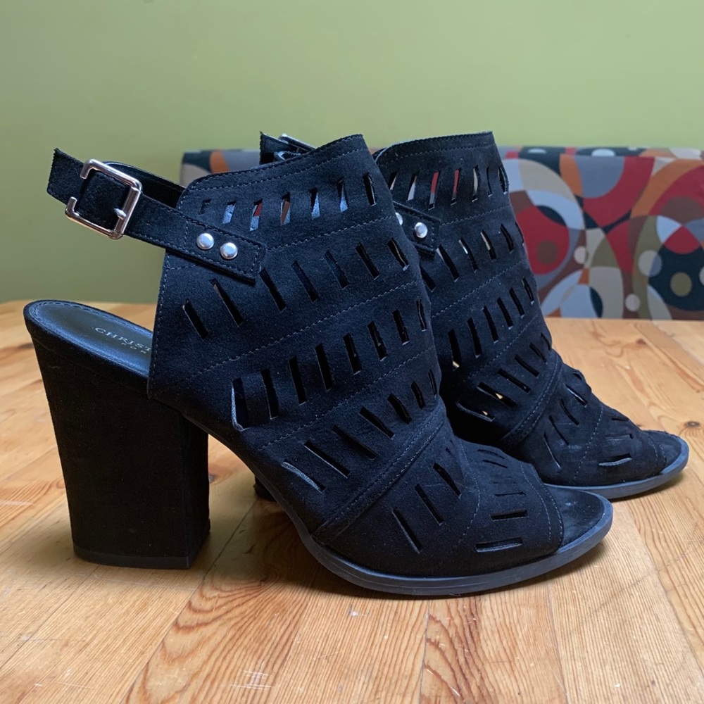 Open Toe Black Faux Suede Heels Size 10